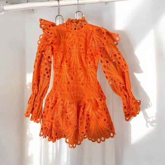 THE SANG Orange Ruffle Long Sleeve Mini Dress Size Medium NEW NWOT - Picture 4 of 14
